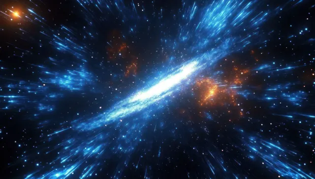 Glowing blue galaxy core with orange nebula sparks shooting light streaks through deep space