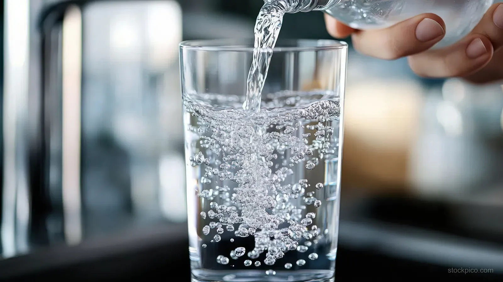 Sparkling water pours from a plastic bottle into a glass with many bubbles forming in the liquid.