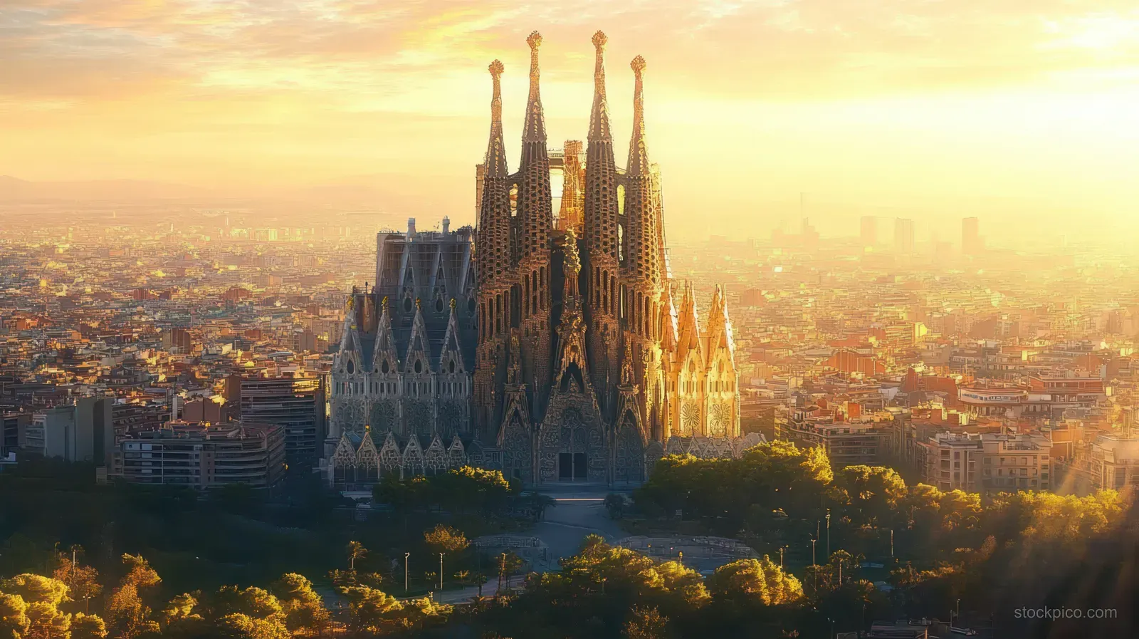 An ornate cathedral with tall spires glows in golden sunset light above a wide city skyline and surrounding green trees.