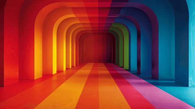 Multicolored gradient tunnel lined with repeating archways, receding into the distance with vivid light streaks.