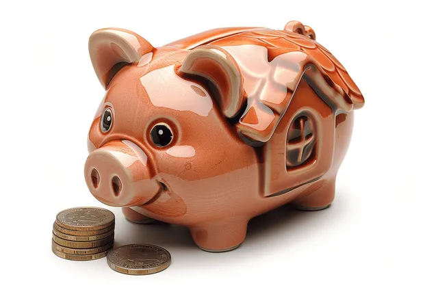 House-shaped piggy bank with stacked coins in front on a white background.