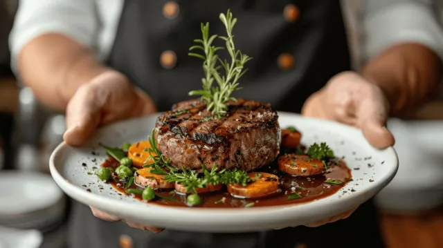 Un chef sostiene un plato blanco con un bistec a la parrilla, verduras y salsa en un restaurante con iluminación cálida.
