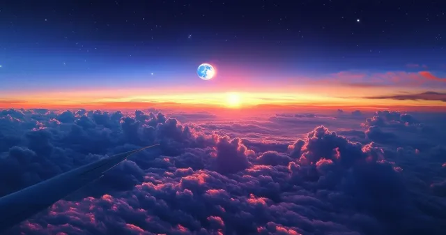 Sunset seen over airplane wing with moonlit clouds and glowing horizon