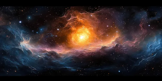 Swirling orange, blue, and purple nebula light fills deep space above a star-dotted horizon.