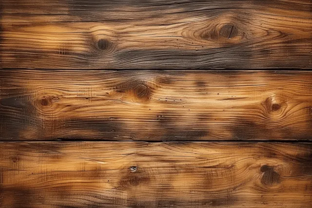 Top view of a weathered oak tabletop with knots and worn plank texture filling the frame.