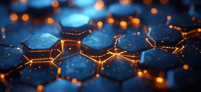 Glowing blue polygon nodes connect like a network across a dark geometric background with depth and light trails.
