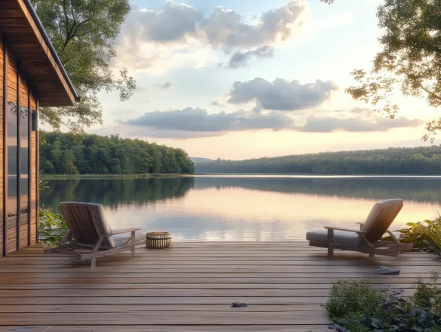 Lakeside wooden deck with two lounge chairs and warm sunset reflections over calm water