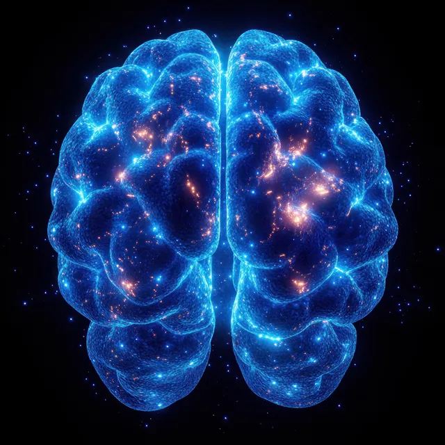 Glowing blue 3D human brain with neural network lights on black sci-fi background