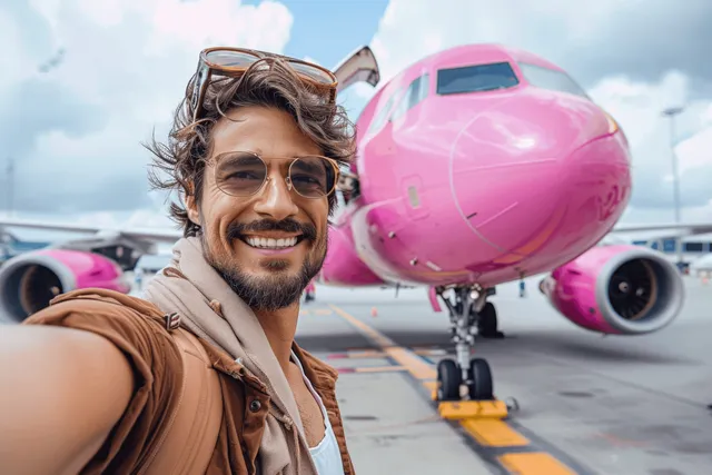 Smiling man taking a selfie next to a bright pink airplane at the airport tarmac.