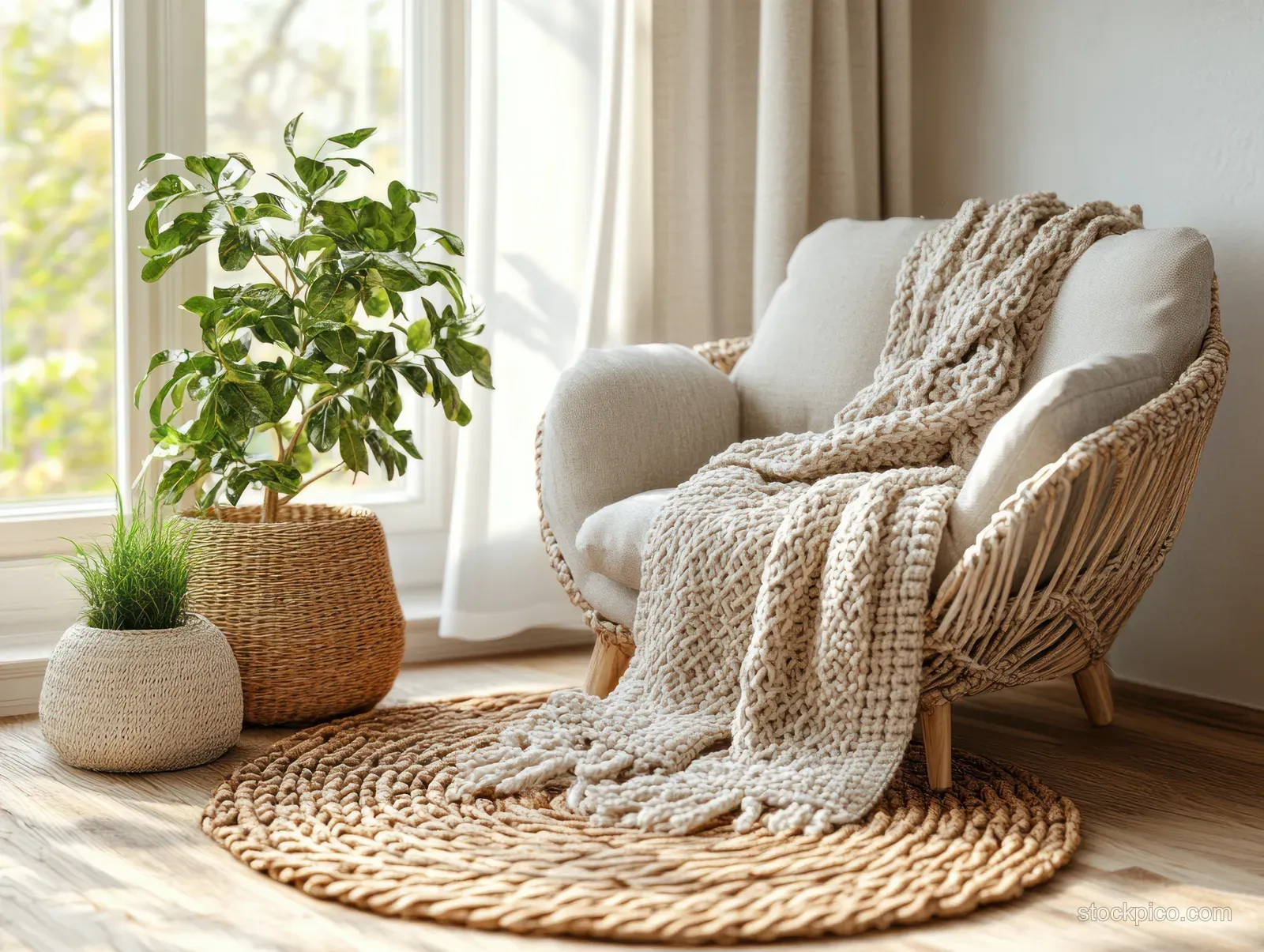 Cream armchair with a knitted blanket sits beside potted plants on a woven rug by sunlit curtains.