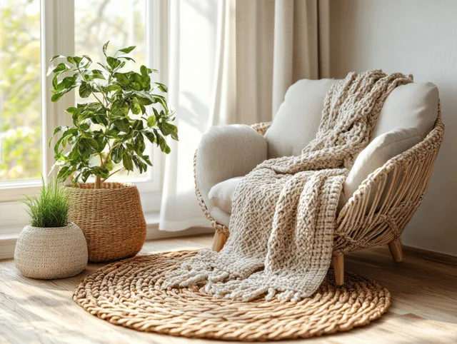 Cream armchair with a knitted blanket sits beside potted plants on a woven rug by sunlit curtains.