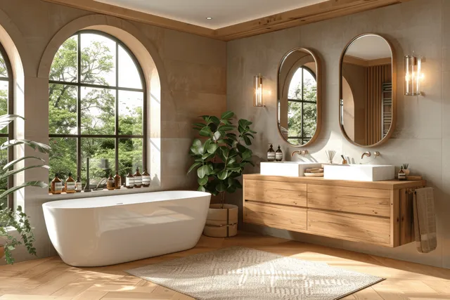 Freestanding bathtub in a modern bathroom with wooden vanity and arched windows letting in daylight.