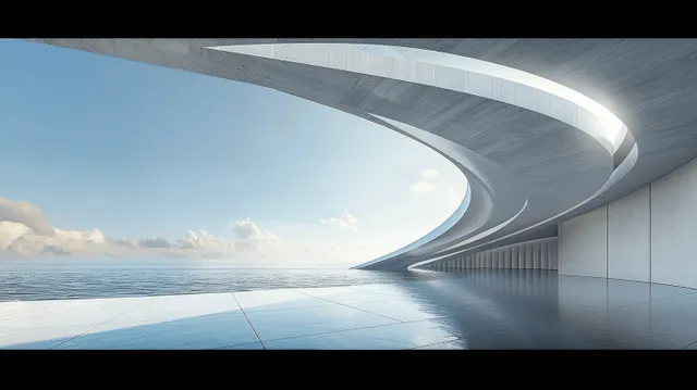 A futuristic curved concrete building facade overlooks a minimal waterfront plaza with glowing reflections on the floor.