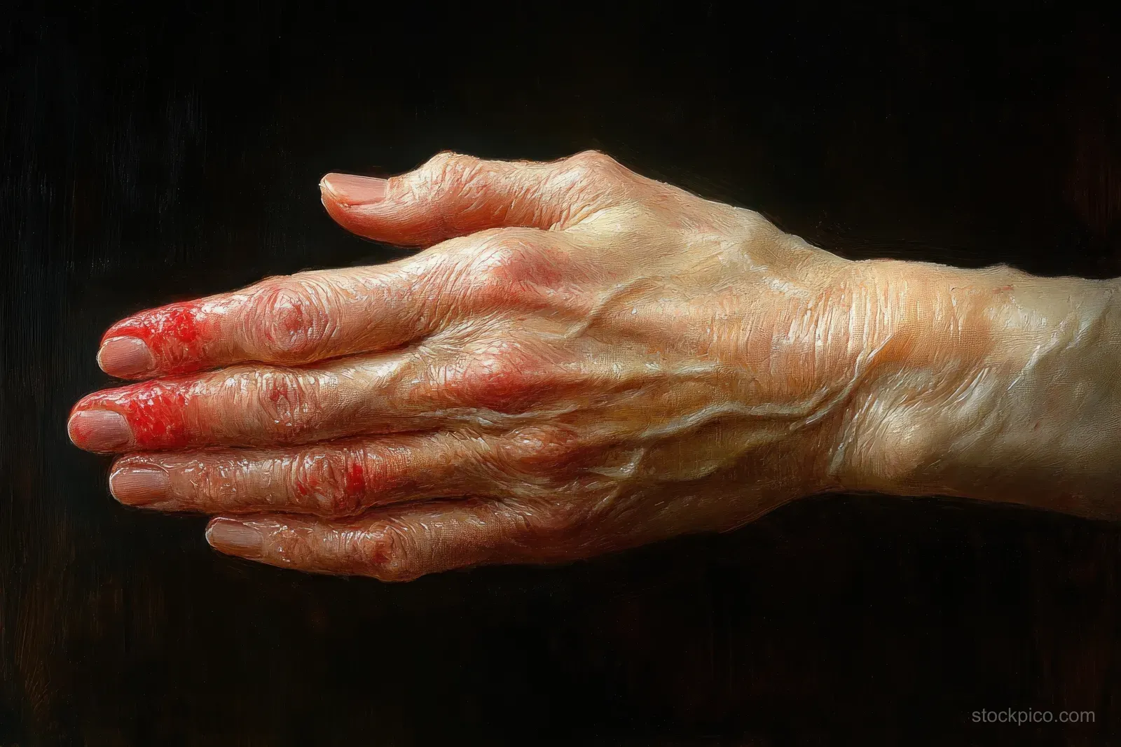 A woman scratches an irritated hand with visible redness across the fingers against a dark background.