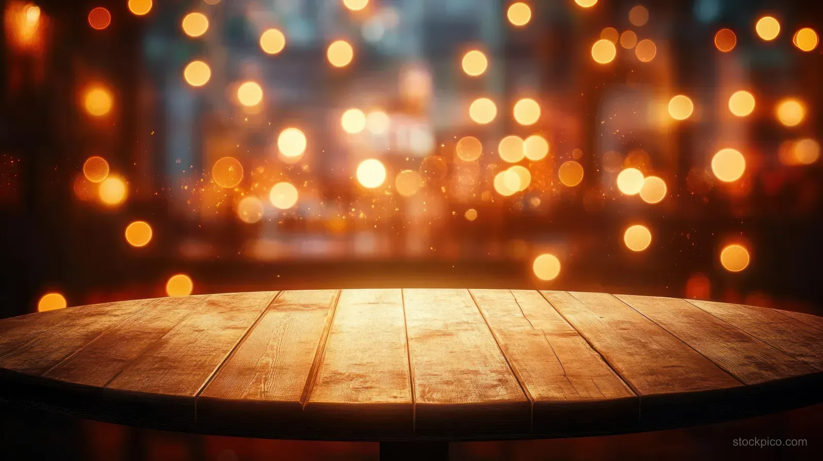Wooden round table in the foreground with warm bokeh lights blurred in a cozy bar interior at night.