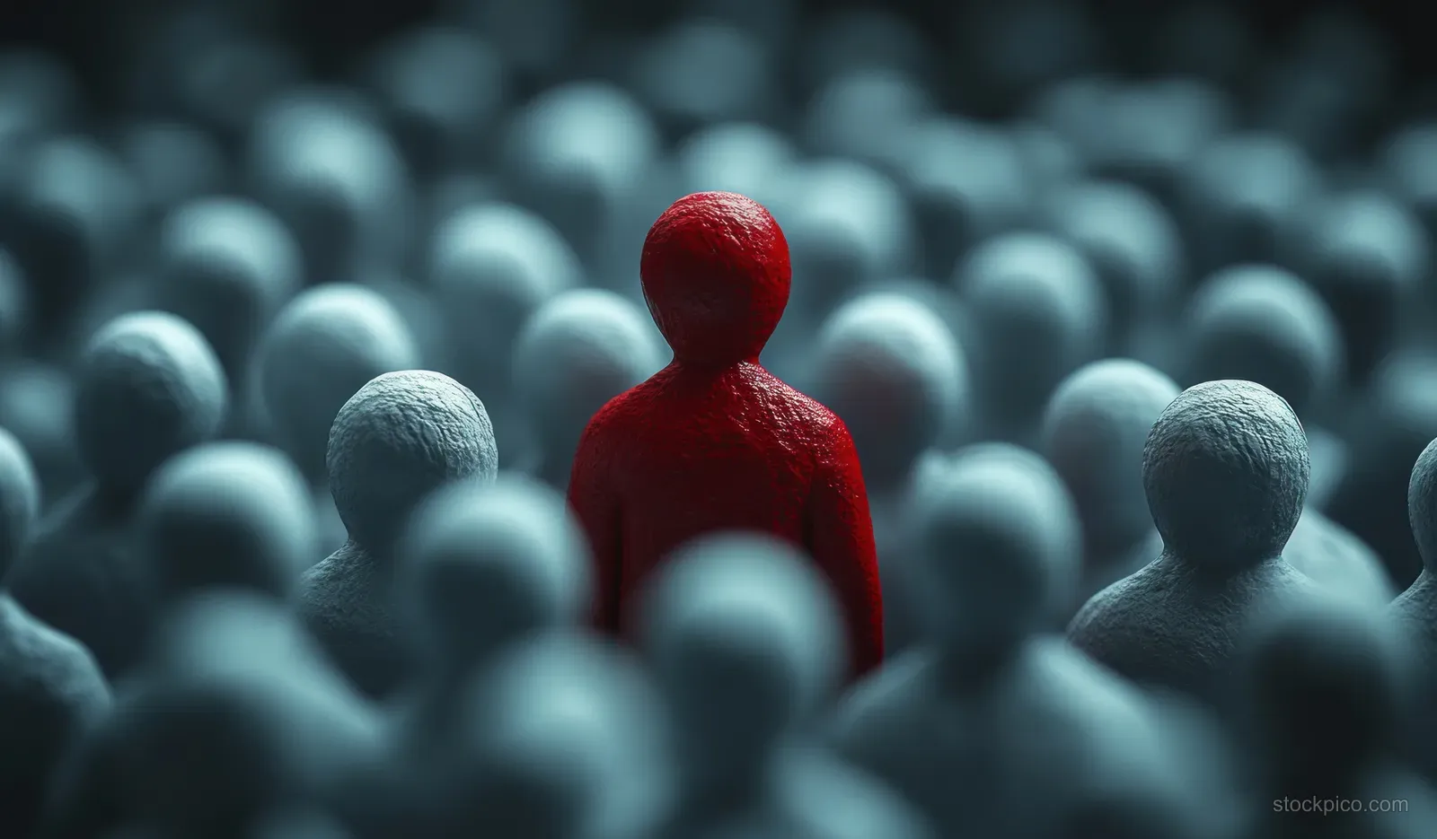 A red figure stands out among many pale figures in a crowded, dark background.