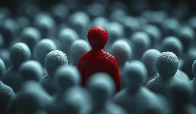 A red figure stands out among many pale figures in a crowded, dark background.