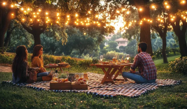 Friends relax on checkered picnic blankets in a vineyard, toasting with wine and sharing barbecue under twinkling fairy lights.