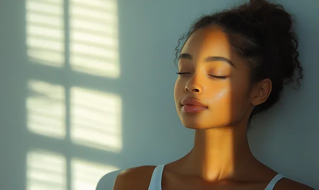Smiling Asian woman touches her shoulder with eyes closed in bright window light indoors.