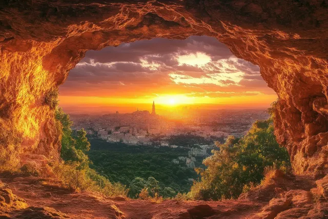 Matera cave opening at sunset, glowing city lights and layered rock textures