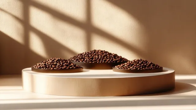 Three shallow round dishes of roasted coffee beans on a beige platform in soft sunlight