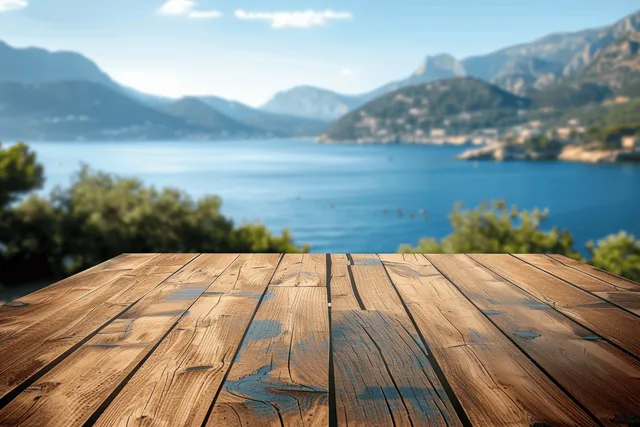 Rustic wooden table overlooking a calm lake with mountains and green trees under a blue sky.