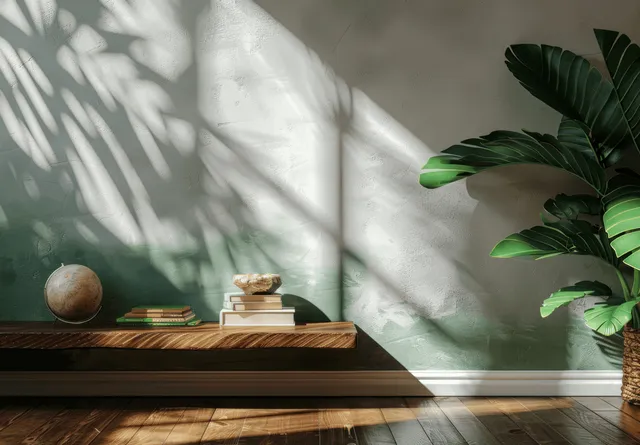 Wooden table and small decor on a floor beside a green palm leaf wall with sunlight shadow beams.