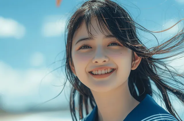 Smiling Japanese high school girl in sailor uniform with windblown hair under blue summer sky
