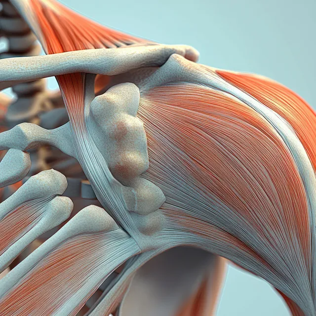 3D shoulder joint anatomy render showing deltoid and rotator cuff muscles around the humerus bone.