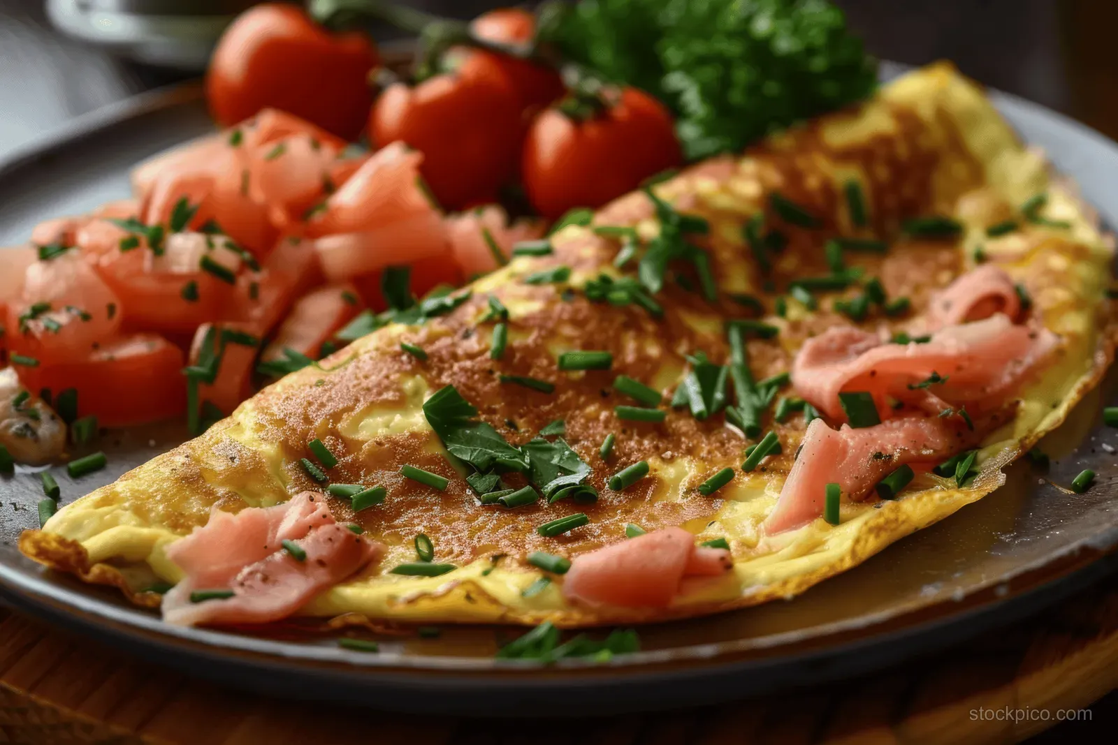 Golden ham and herb omelette on a skillet plate with cherry tomatoes and parsley.