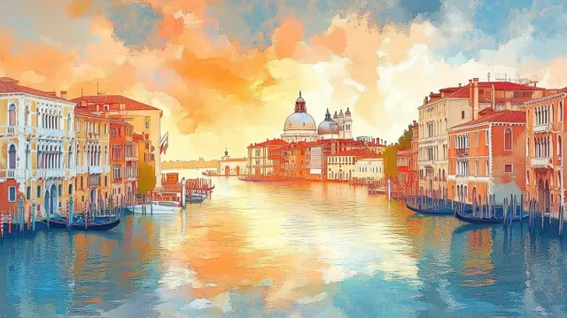 Colorful historic buildings line a canal as sunset clouds glow and reflections ripple on the calm water.