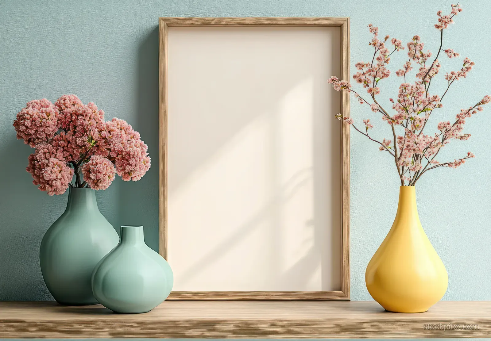 Wooden picture frame centered between two pastel vases with pink flowers in a minimal interior corner.
