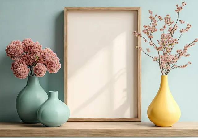 Wooden picture frame centered between two pastel vases with pink flowers in a minimal interior corner.