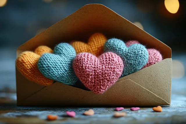 Open kraft envelope spilling colorful knitted hearts onto a table with soft festive bokeh lights.