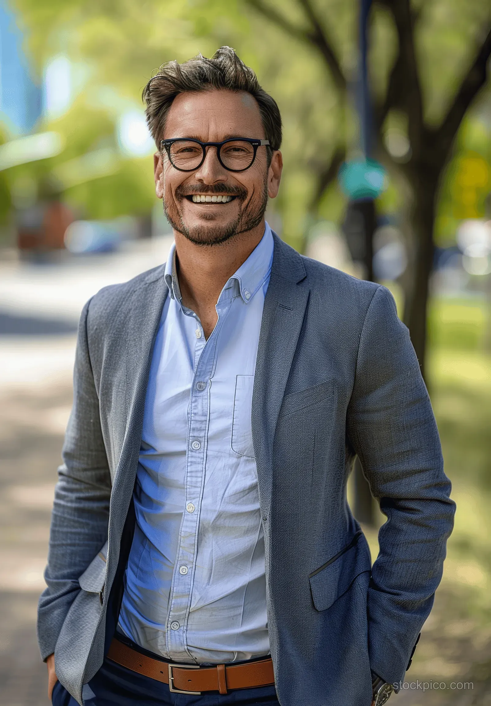 A confident man with glasses smiles on a city street in business casual attire with trees blurred in the background.