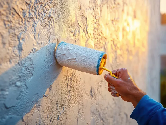 Hands roller-paint a textured wall with white coating in golden hour light