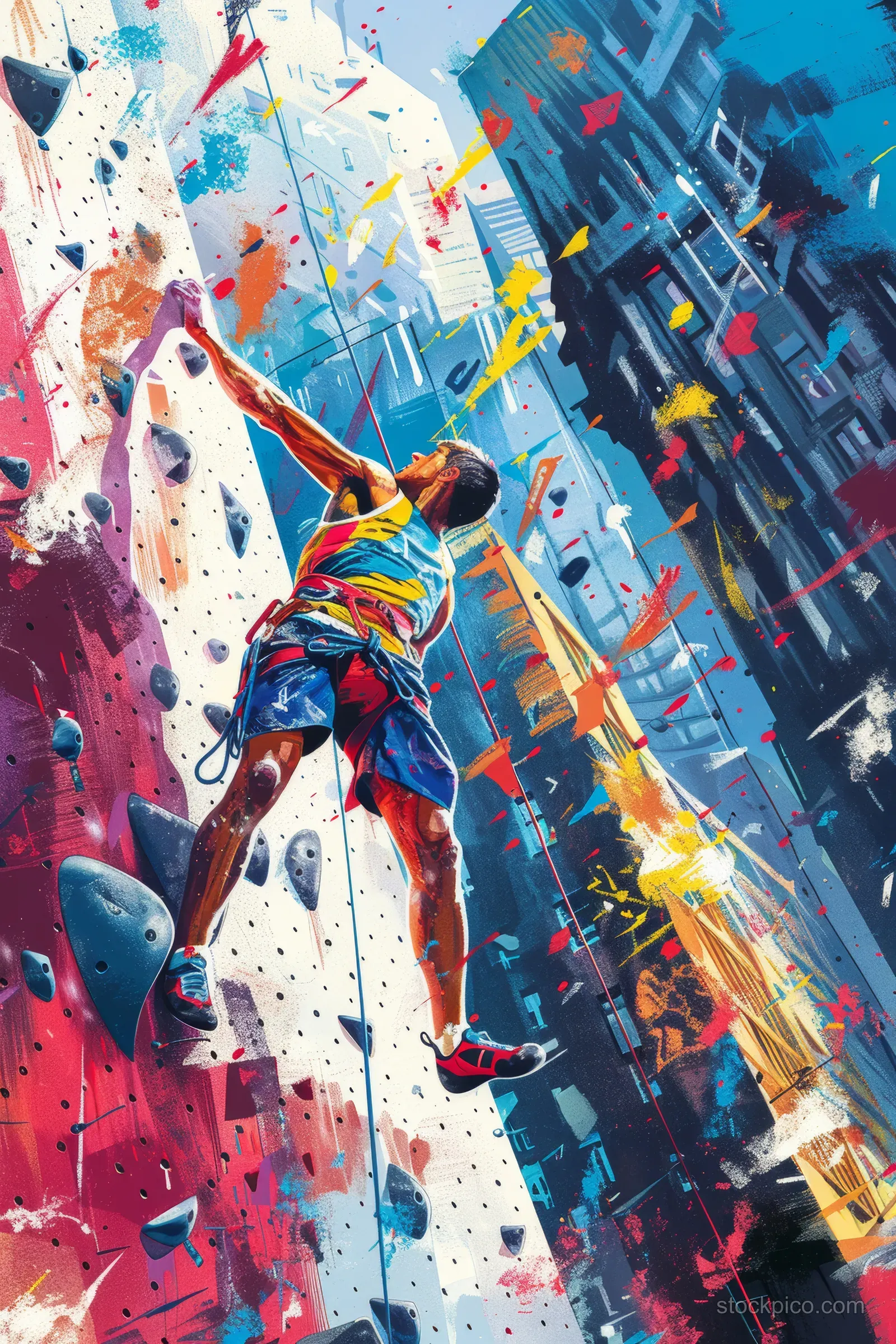 A climber reaches for holds on a chalked bouldering wall with a vibrant city backdrop behind.