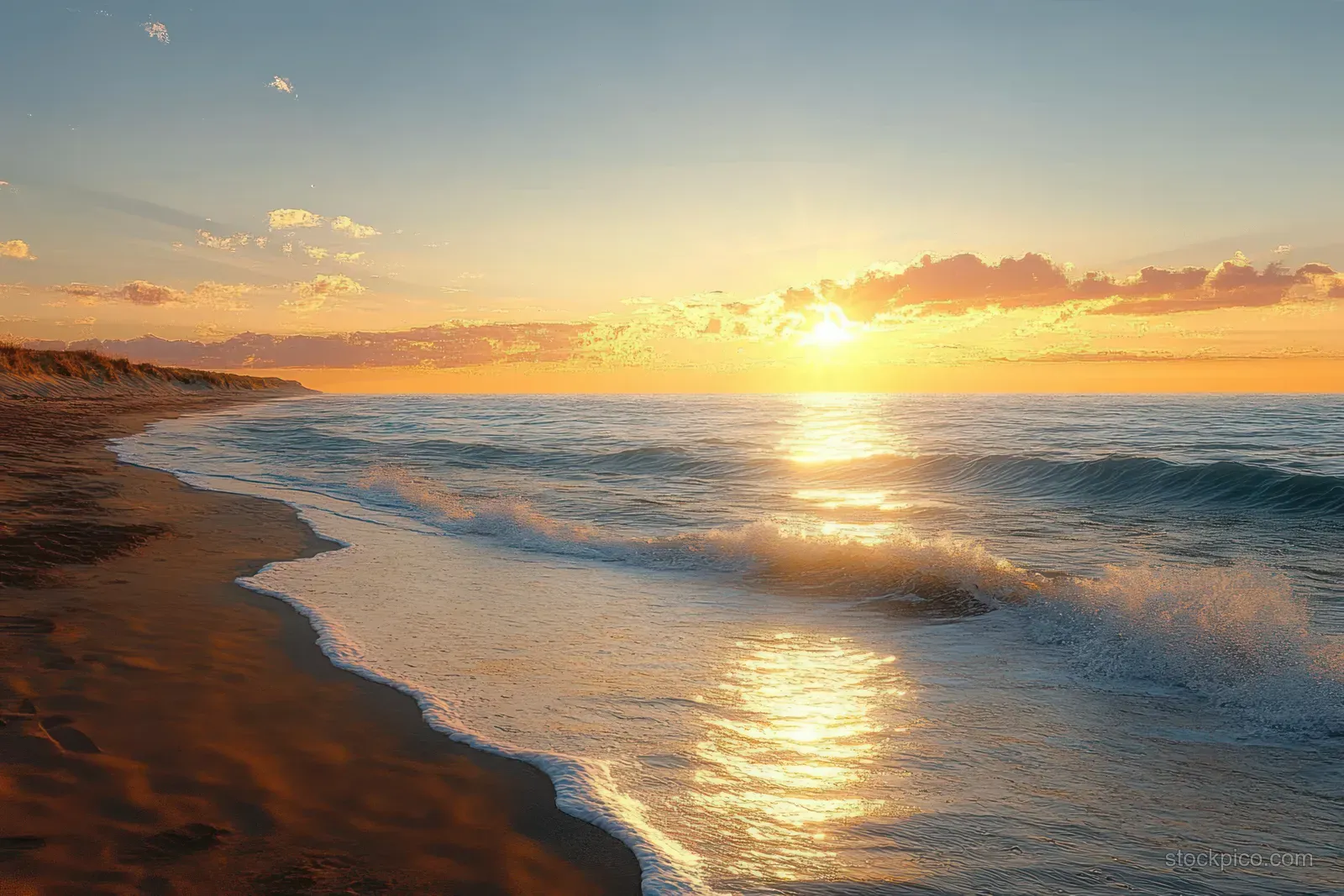 Golden hour sun lights a calm beach shoreline while gentle ocean waves shimmer toward the horizon.