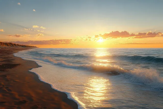 Golden hour sun lights a calm beach shoreline while gentle ocean waves shimmer toward the horizon.