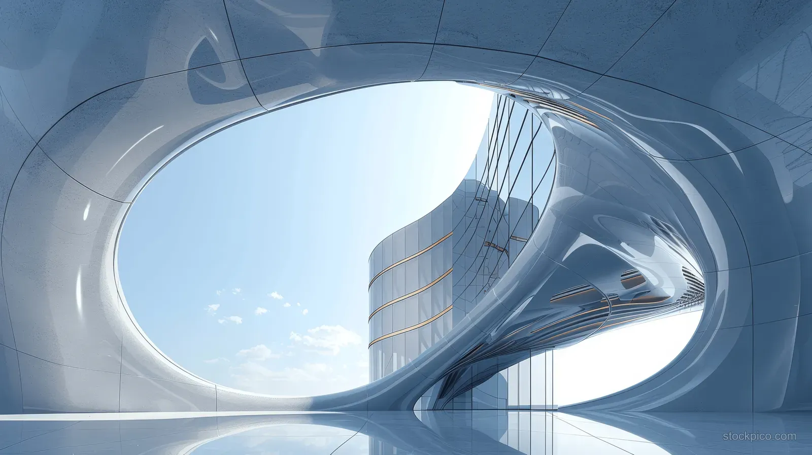 Curved futuristic interior corridor with panoramic windows and golden arch reflections on glossy white walls.