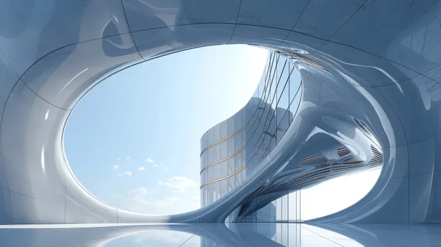 Futuristic interior corridor with panoramic windows and golden arched light reflections