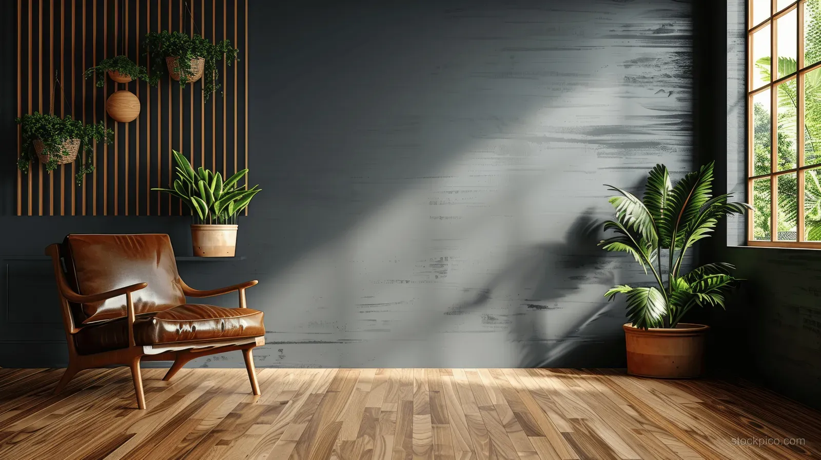Modern dark blue living room with a leather armchair, wooden floor, potted plants, and an empty wall for artwork.
