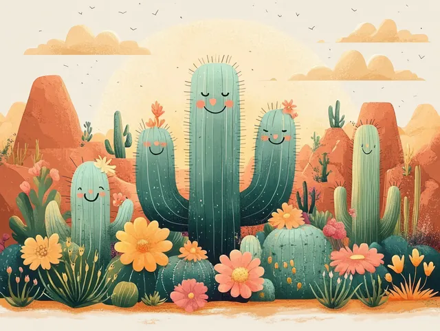 Smiling green cactus characters with flowers grow in a sandy desert under warm clouds and flying birds.