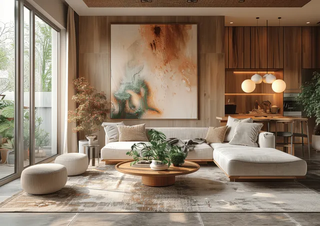 Scandinavian living room with beige sofa, abstract wall art, wood panel walls, and natural light from tall windows.