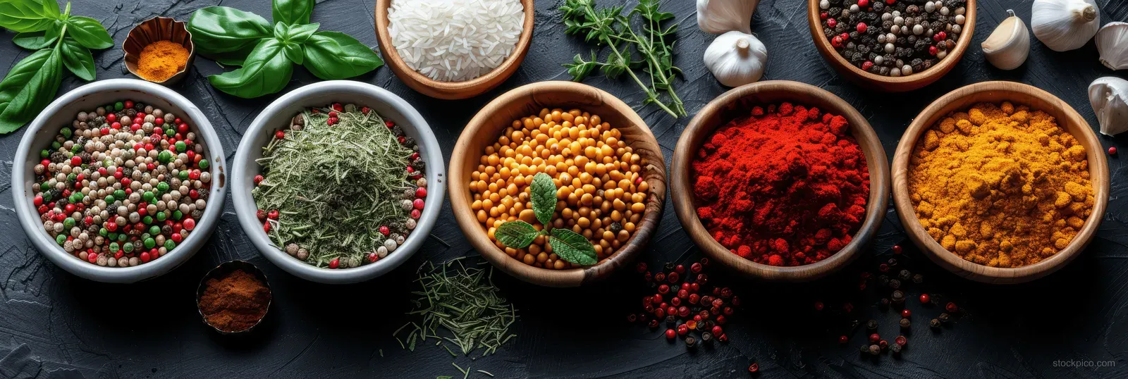 Small bowls of colorful spices and dried herbs arranged on a dark stone surface in a top view.