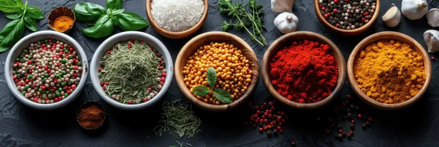 Colorful spice bowls and herbs arranged on a dark stone countertop, top view