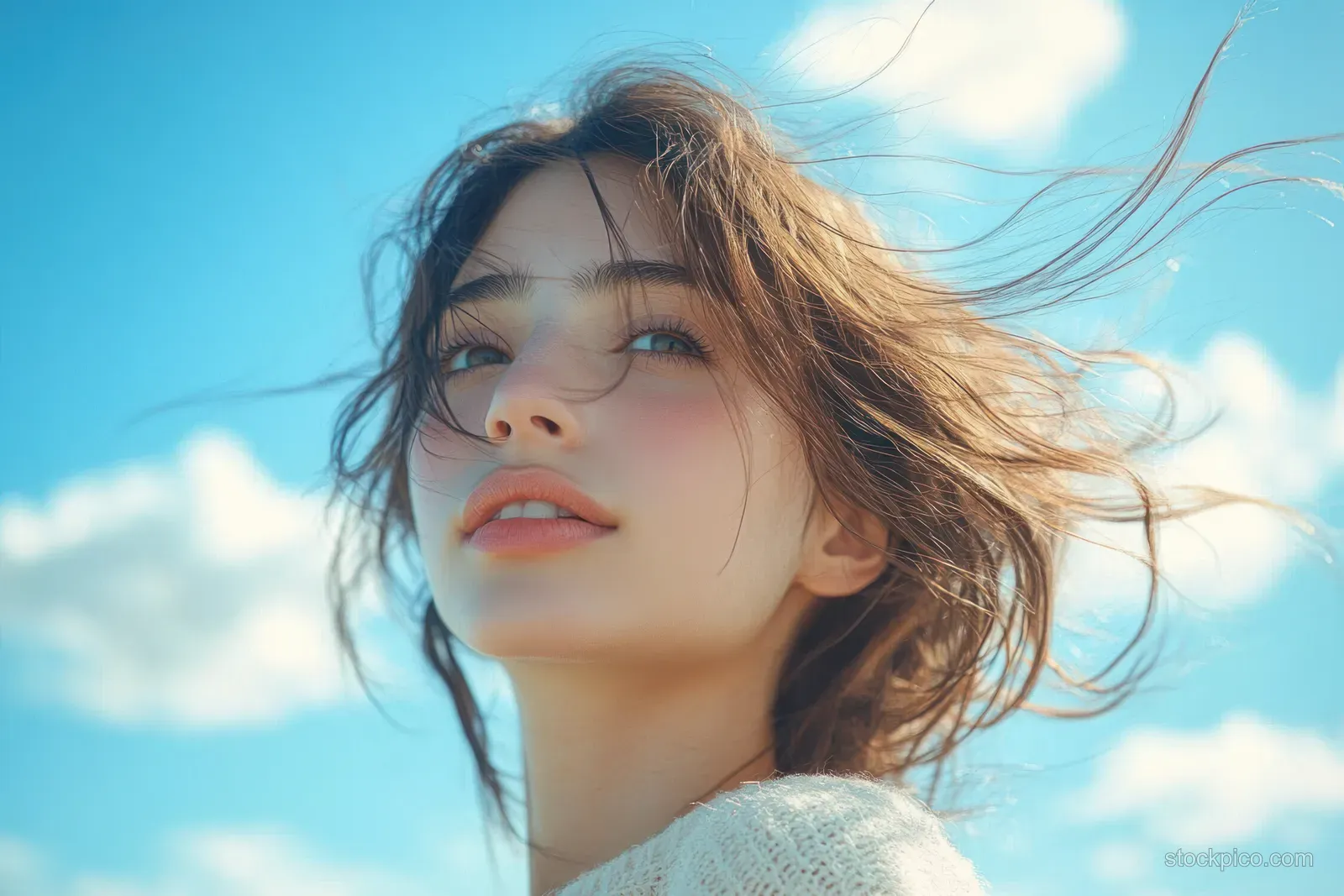 Young woman with windblown hair looks up against a blue sky with soft clouds.