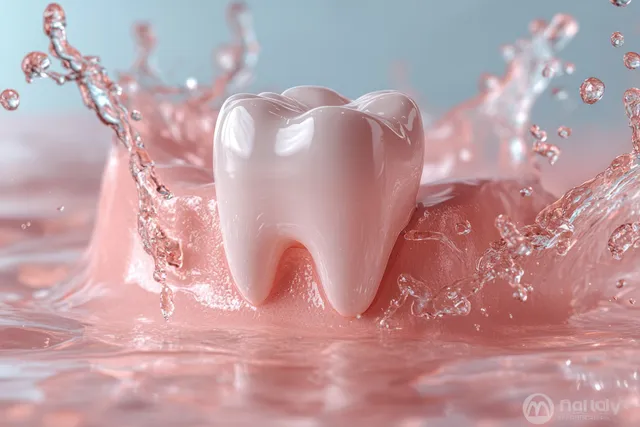 White tooth centered in pink mouthwater with splashing droplets around the enamel surface.