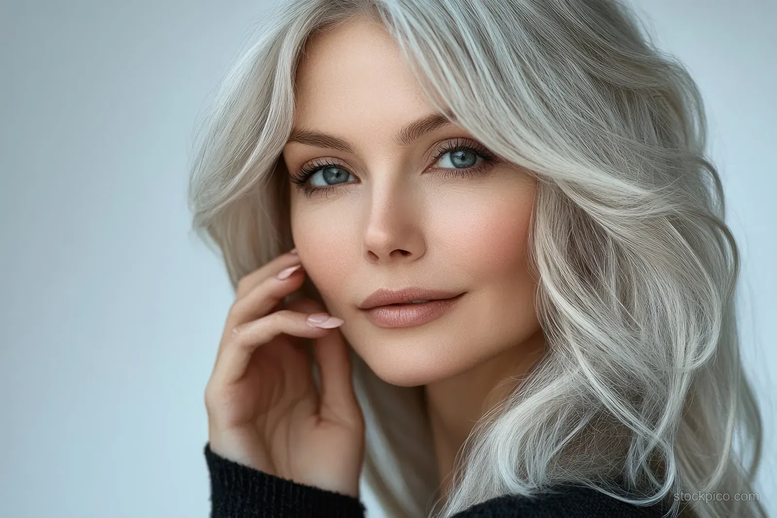 Silver-haired mature woman poses in soft light against a plain background, touching her cheek in a close-up portrait.