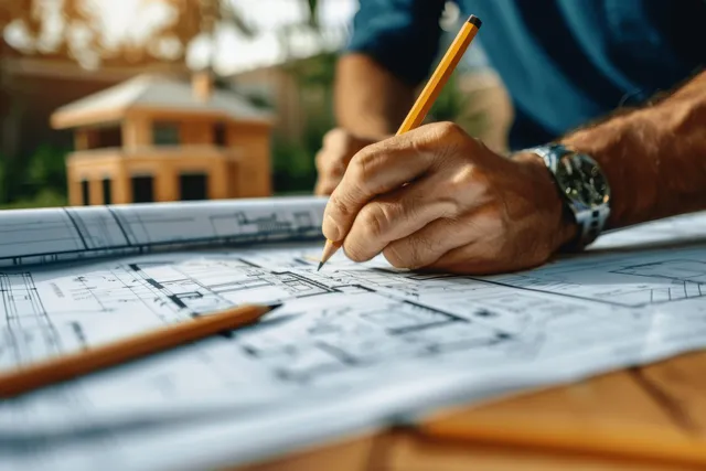 Architect’s hand writes notes on blueprints laid on a rooftop while the city skyline blurs behind.